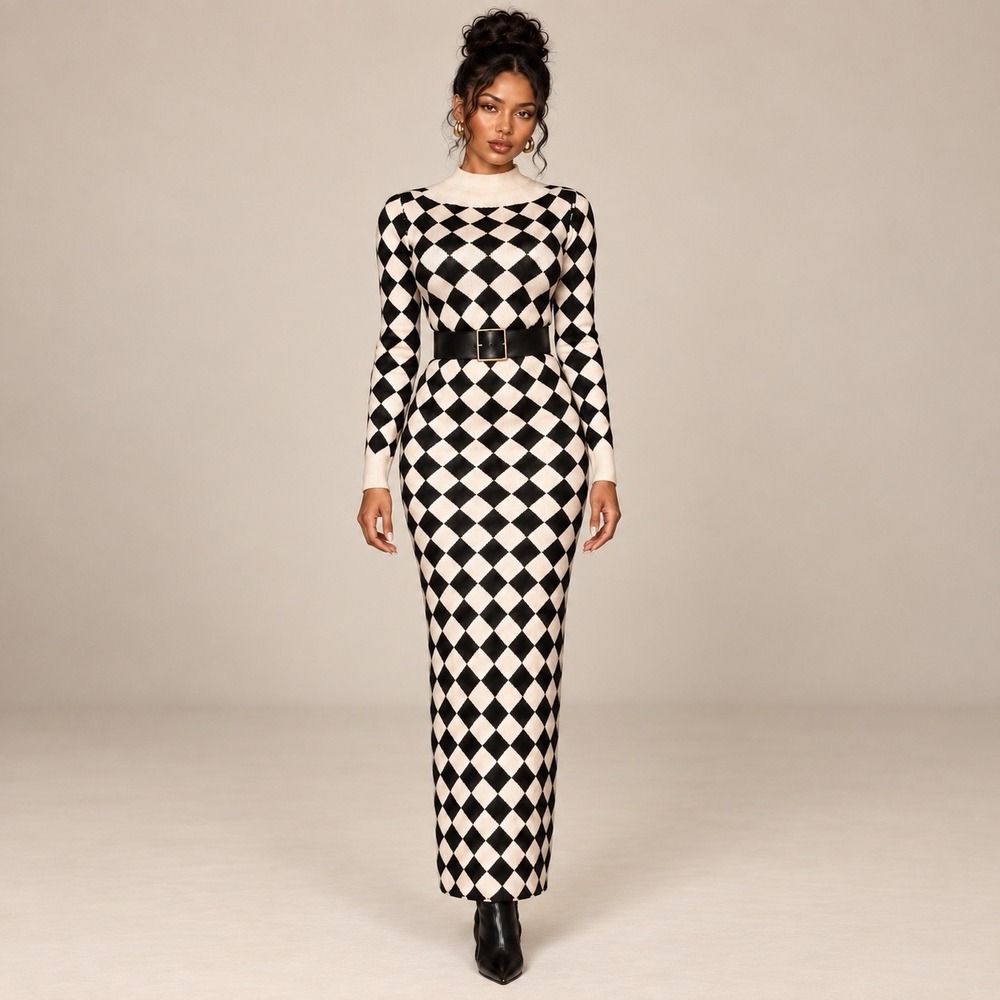 Black White Eyelash Knit Maxi Dress S 60s Mod Op Art Harlequin Diamond Bodycon